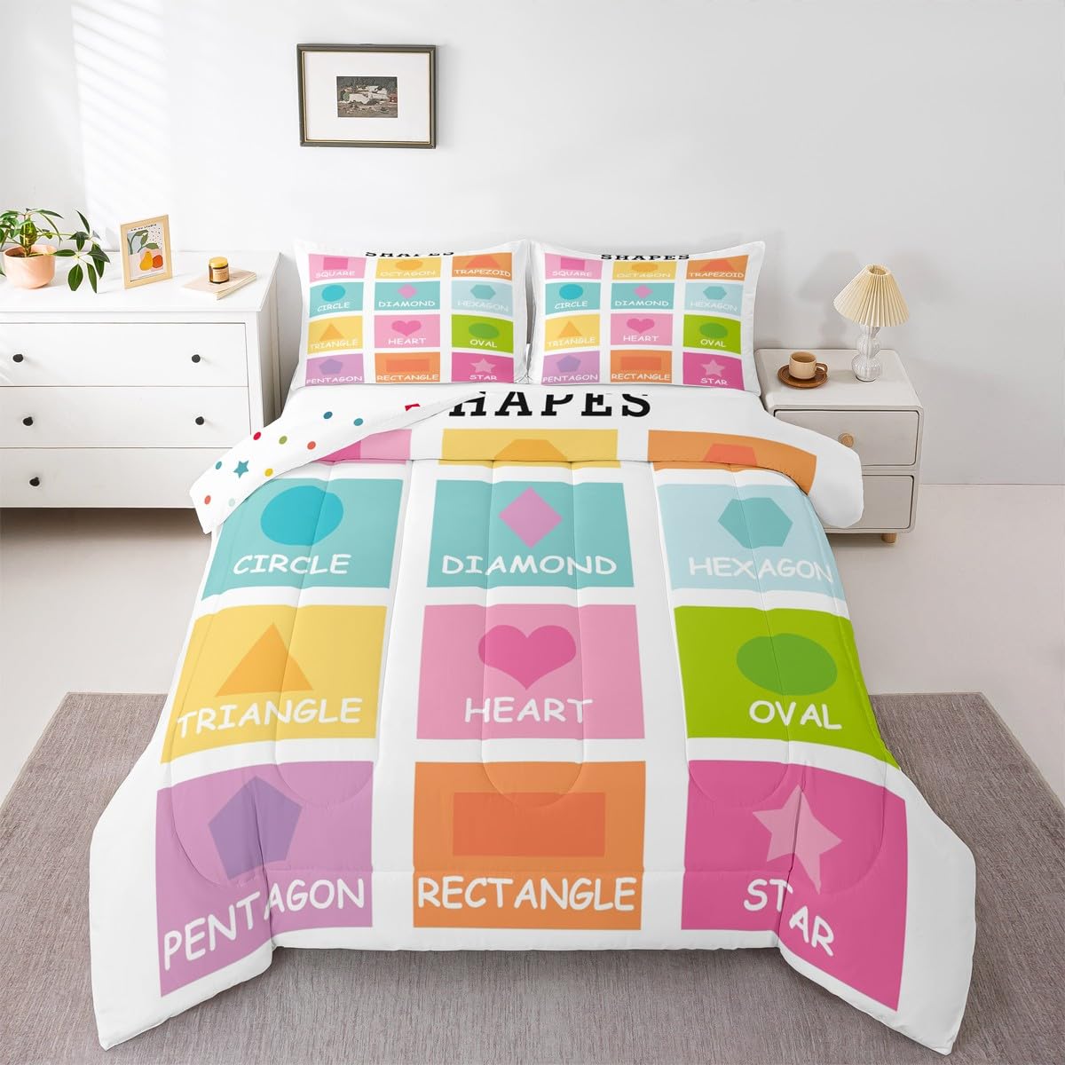 Feelyou Kids Shapes Bedding Set Twin Size, Educational Comforter Set Boys Girls Preschool Duvet Insert Learning Teens Bedroom Decor with 1 Pillow Case