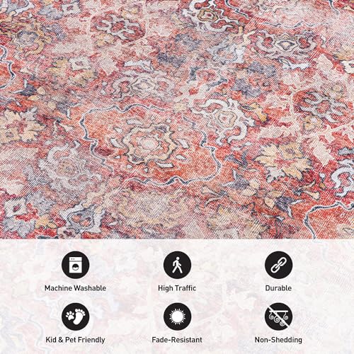 Rugshop Vintage Bordered Machine Washable Non Slip Area Rug Ideal for Living Room, Bedroom,Kitchen,Entryway,Dining Room,Office 2'6" x 7' Red
