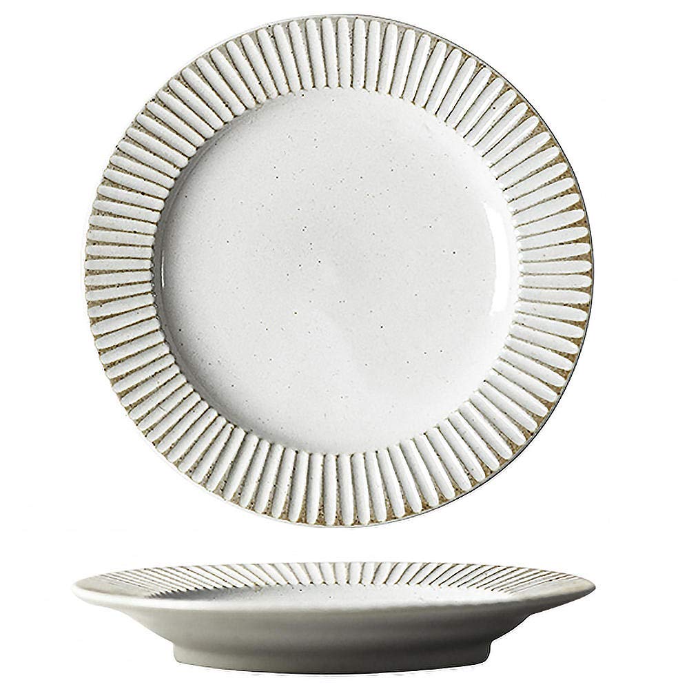 Stoneware Disc Handmade Ceramic Tableware Dim Sum Plate Steak Bread & Butter Plate Flat Plate Vertical Pattern Shallow Plate 8 Inches-White