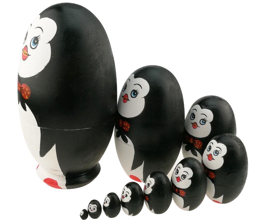 Winterworm Set di 10 bambole matrioska a forma di pinguino a forma di uovo in legno, fatte a mano, giocattolo per bambini, idea regalo