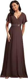 Women's Classic Chiffon Short Sleeve Pleated V-Neck Floor Length Bridesmaid Dresses 09890