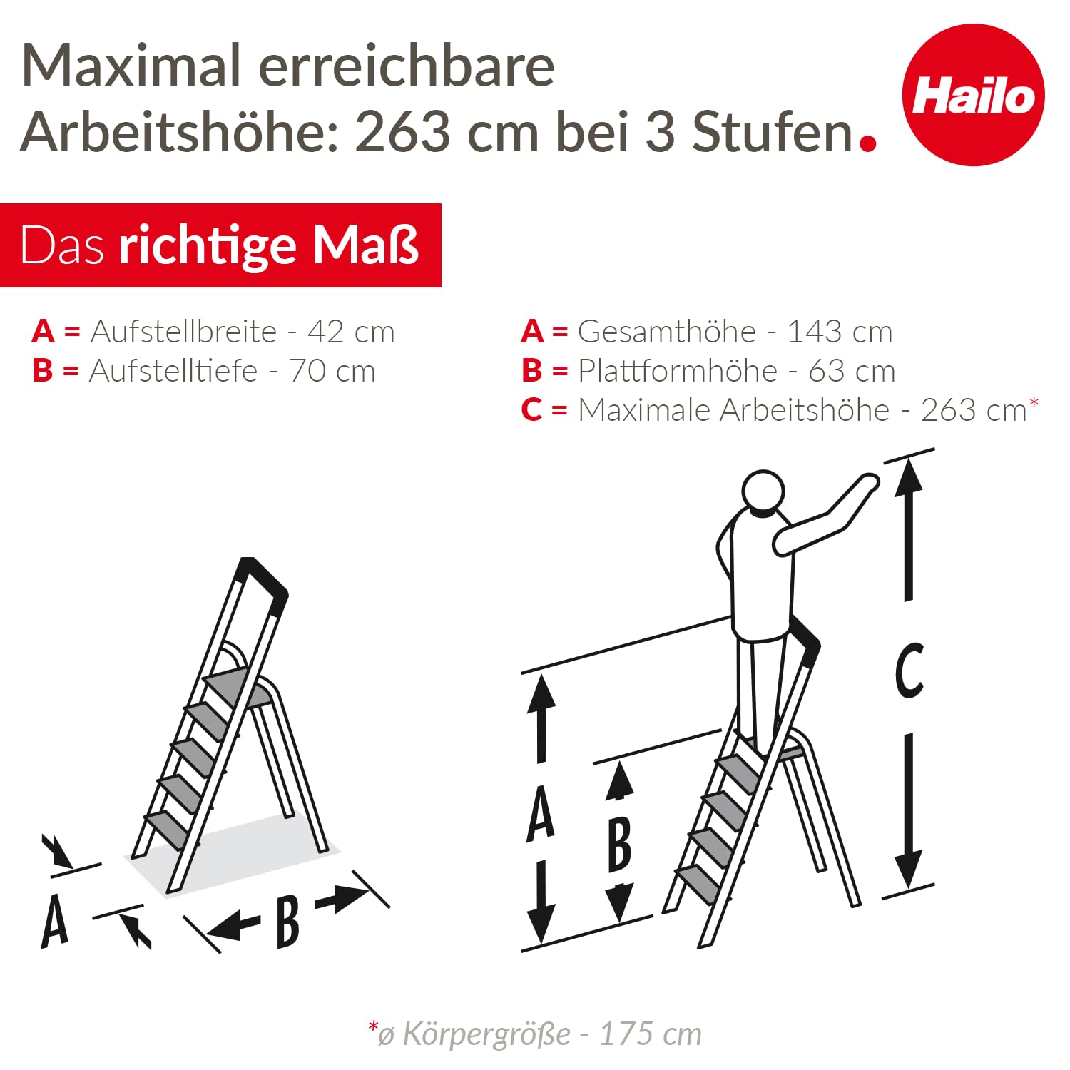 Hailo L84 ComfortLine Alu-Stehleiter mit 3 XXL-Stufen bis 150 kg, Silber | Sicherheits-Stehleiter, Made in Germany, rostfrei, tiefe Standfläche, Haltegriff und Ablage