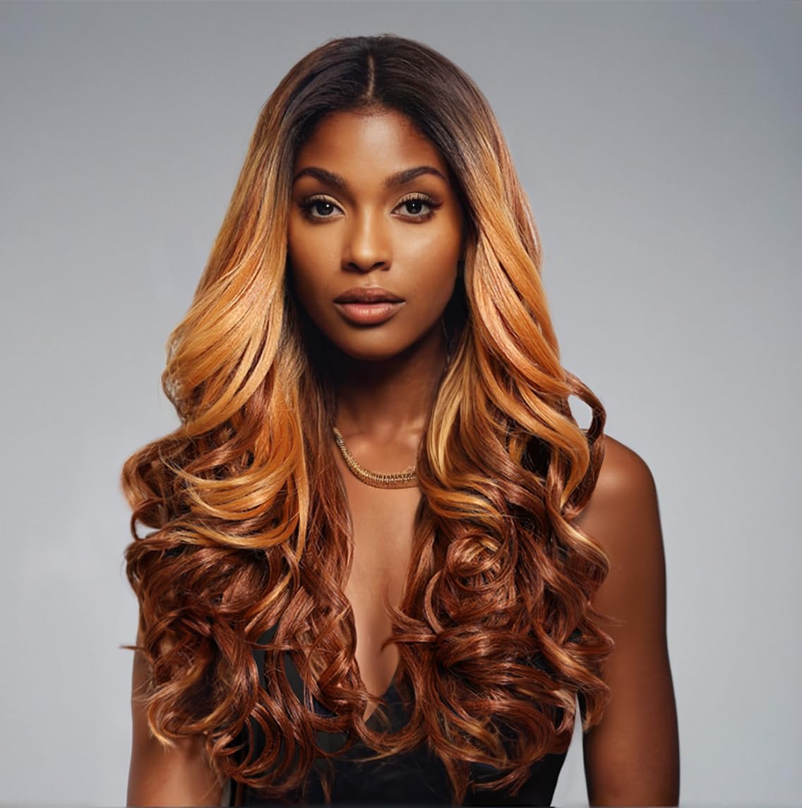 AllbellLong Wavy T Part Lace Front Wigs for Black Women Ombrte Honey Brown Body Wave Hair Wig Middle Part 13x4x1 Lace Wig Synthetic Heat Resistant Fiber