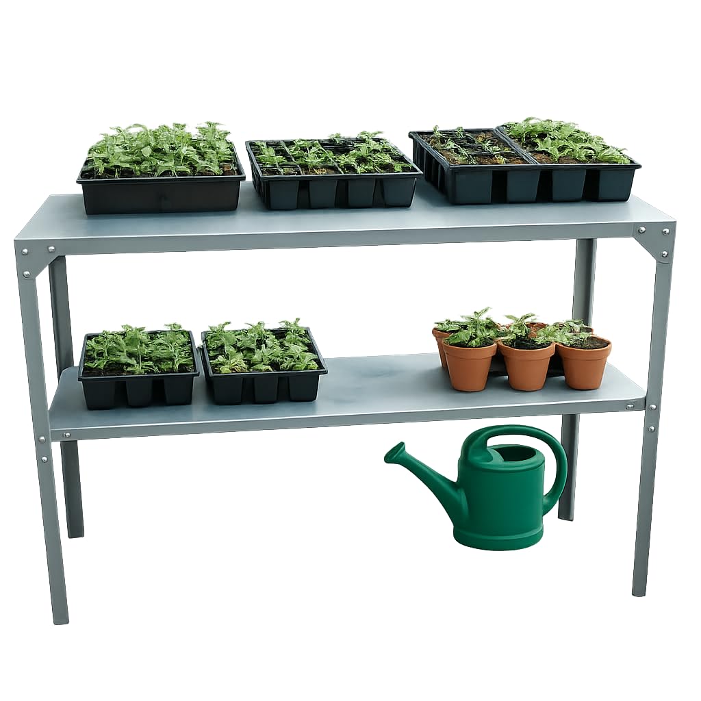Greenhouse Staging Shelving Unit 2 Tier Free Standing Galvanised Steel 115cm Plant Pot Shelf For Greenhouses UK (1 Silver Staging Bench)