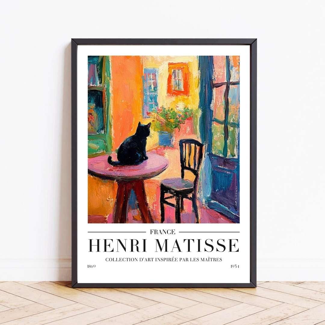 Henri Matisse Wall Art Print, Matisse Style Open Window Cat Poster, Framed Kitchen Picture, Matisse Wall Art Aesthetic Room Decor for Bedroom Bathroom, Colourful Modern Home (A4 - PRINT (Unframed))