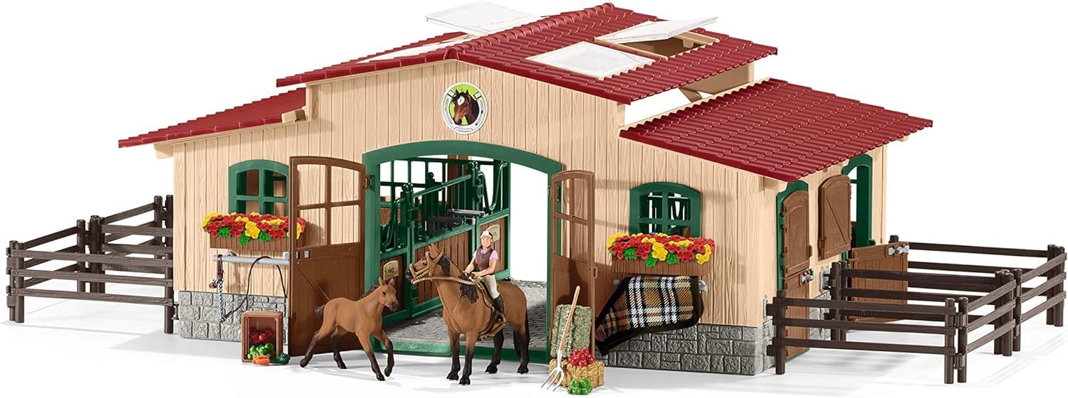 schleich FARM WORLD | Stajnia z końmi i akcesoriami 42195 | Zestaw ze stajnią, padokiem, 2 końmi, figurką dziewczynki i akcesoriami | Zabawka farma od 3 lat | 96 elementów | Ekskluzywnie na Amazon
