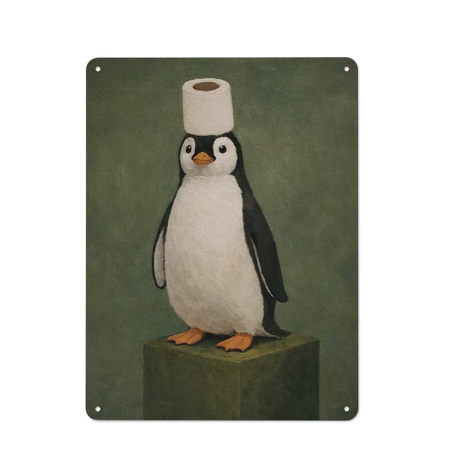 Junmoney Style-12 Penguin With Toilet Paper Hat Rustic Metal Sign 40X30cm, Barn Style Farmhouse Wall Decor For Kitchen, Cottage, Porch Or Garden Room