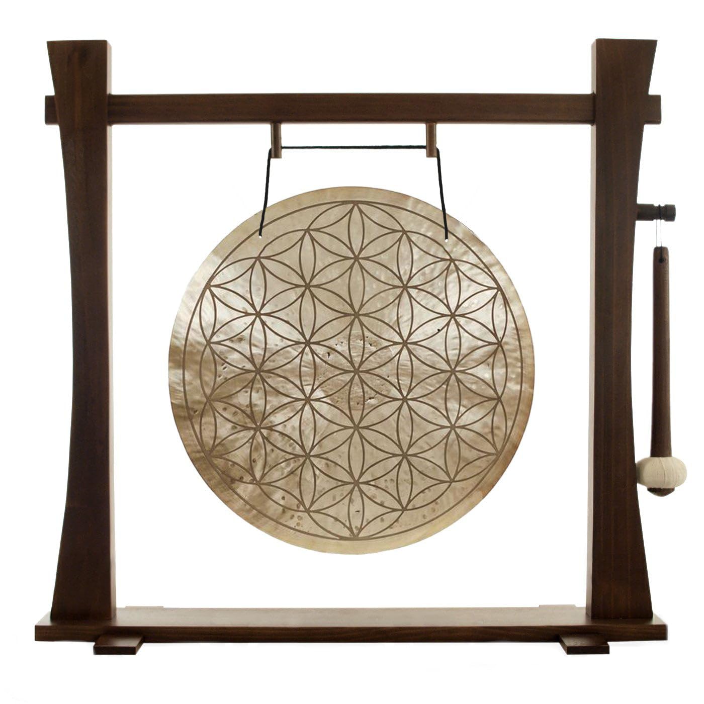Flower of Life Wind Gongs on Stands - Includes Gong, Mallet & Stand/Traditional Bronze Gong/Sacred Geometry Gong Engraving/Meditation & Sound Healing