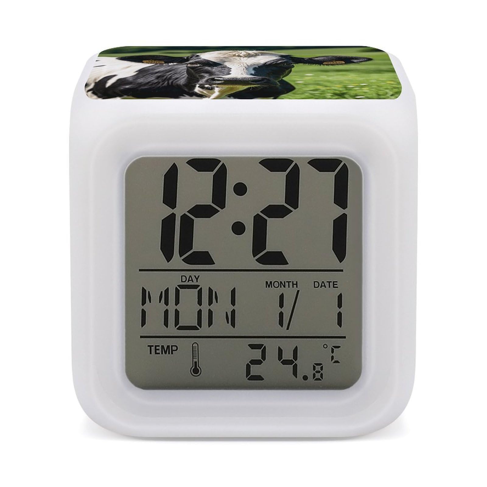 7 Color LED Digital Alarm Clock Cube Cow Black And White Spot Bedside Clocks with Temperature Display 12/24h Format Snooze & Night Light Dimmable Lamp Battery Powered for Bedroom Office Decor