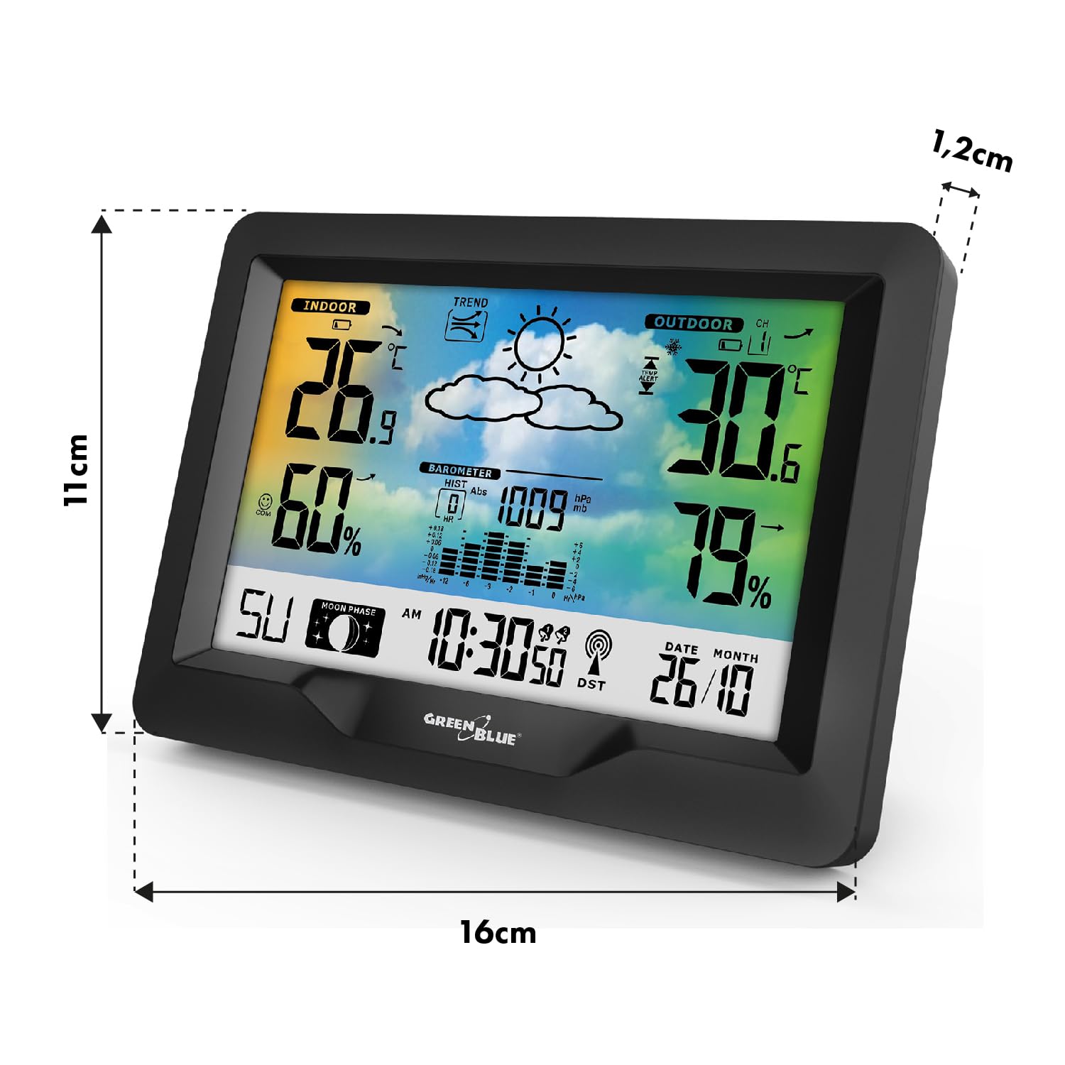 Green Blue GB540 Stazione meteo con display a colori, orologio radiocontrollato DCF, temperatura interna ed esterna, previsioni meteo, fasi lunari, sensore esterno (Stazione meteo + alimentatore 5V)