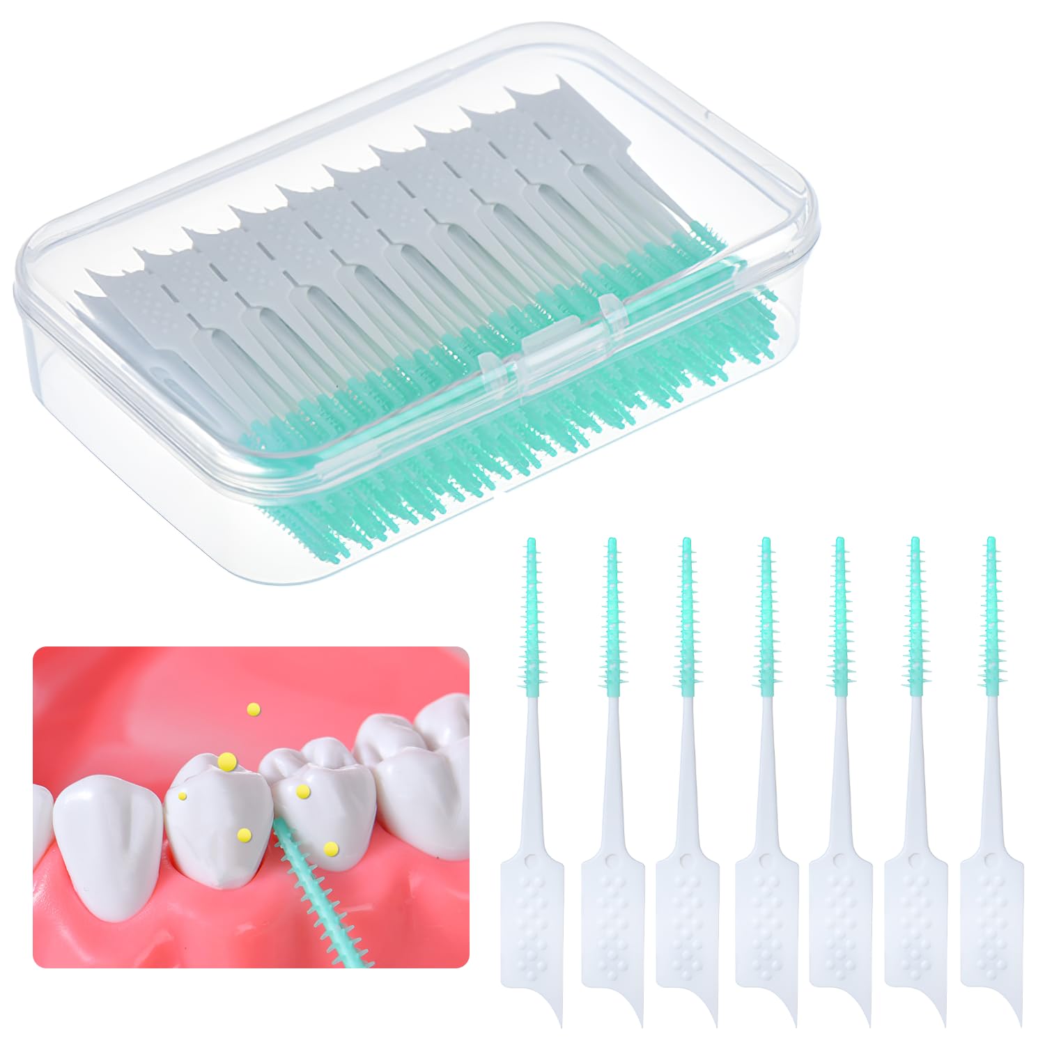 250 Pcs Interdental Brushes, Silicone Head Plaque Removal Tool for Teeth, Portable Oral Care Cleaning Sticks with Tooth Floss (Light Green)