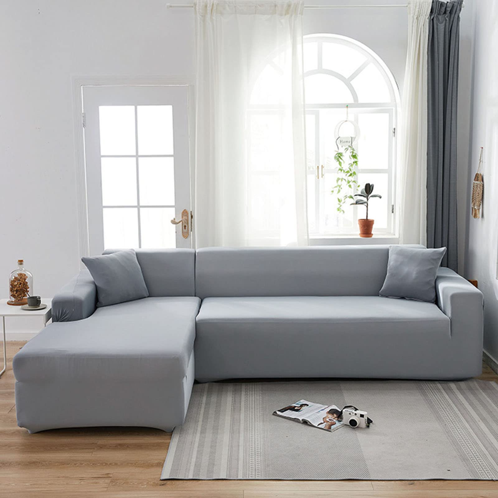 Housse de canapé en forme de L gris clair 3 places extensible
