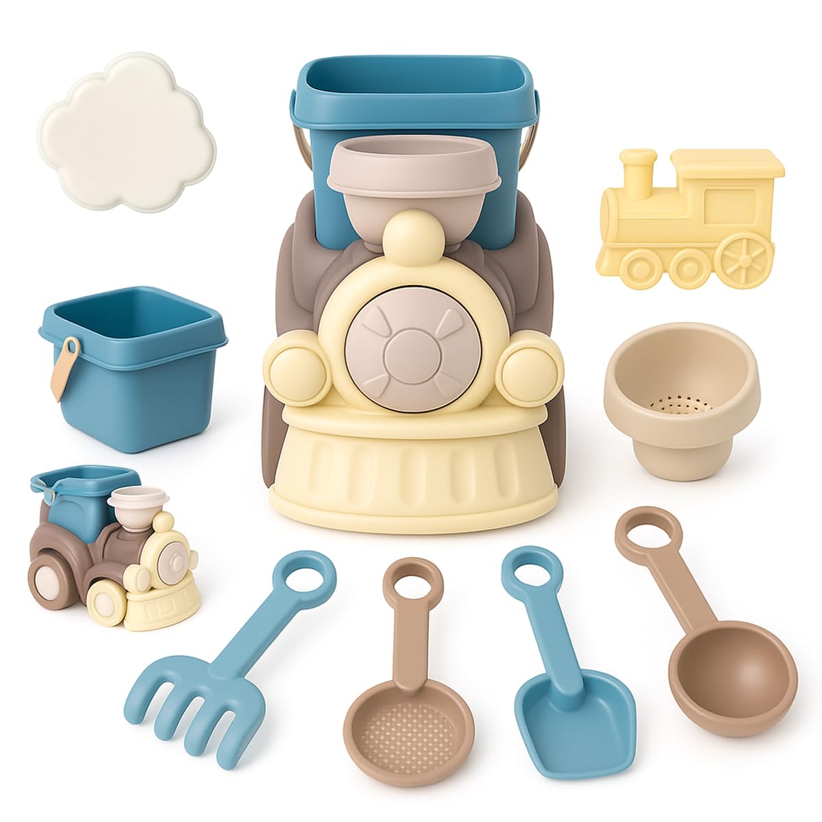 Toyana Kids 2in1 Toy Train & Beach Bucket Set with Sand Pit Tools Shovel, Rake, Moulds, Outdoor Summer Sandcastle Playset, Garden Fun Water Activity Play Set Toy for Children Ages 3+ Years