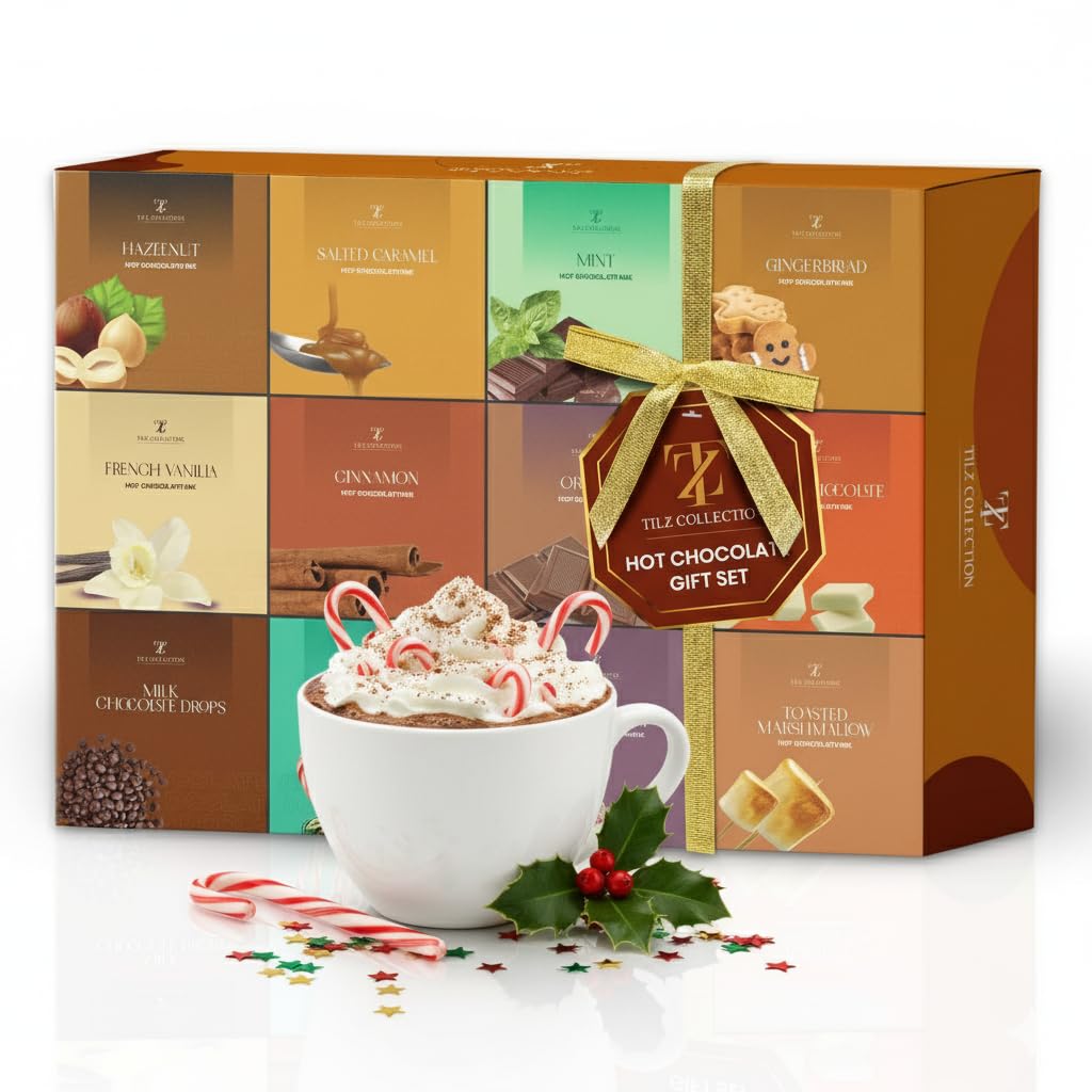 Luxury Hot Chocolate Gift Set – 12 Flavour Hot Cocoa Selection Box with Marshmallows & Candy Canes – Christmas Hot Chocolate Gifts for Men & Women – Festive Chocolate Hamper for Cosy Winter Nights