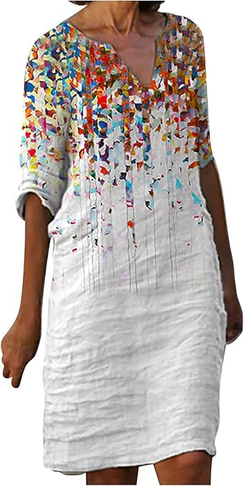 Summer Dresses for Women 3/4 Sleeves Dresses Cotton and Linen Casual Oversized Half Sleeve Midi Dresses V Neck Loose Flowy Swing Shift Dress Ladies Plus Size Dress Short Beach Mini Sundress