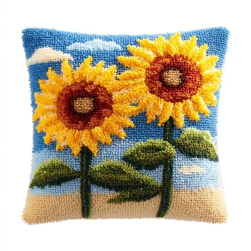 Henypt Latch Hook Kits for Beginners & Adults,Sunflower 43x43cm DIY Pillow Cover Craft,Easy Crochet Needlework Kit with Full Accessories