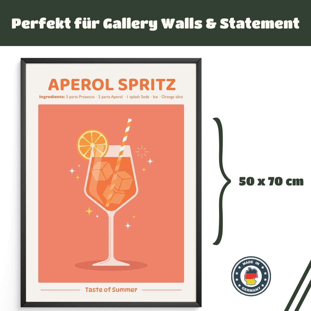 MJ-GRAPHICS® Poster Aperol Spritz Wandbild Sommer Getränk Deko minimalistisch Orange Küche Kunstdruck modern Wohnzimmer Bilder erfrischend stilvoll Farbakzent 50x70 mit schwarzem Rahmen