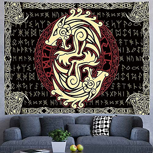 X-Sister Viking Dragon Tapestry Nordic Mythology Mystery Rune Classical Character Golden Animal Abstract Cartoon Decorative Aesthetics Wall Hanging Short Plush 8060 Inches Living Room Bedroom Dormitory Digital Printing Home Decoration Ta21210 #TOP1