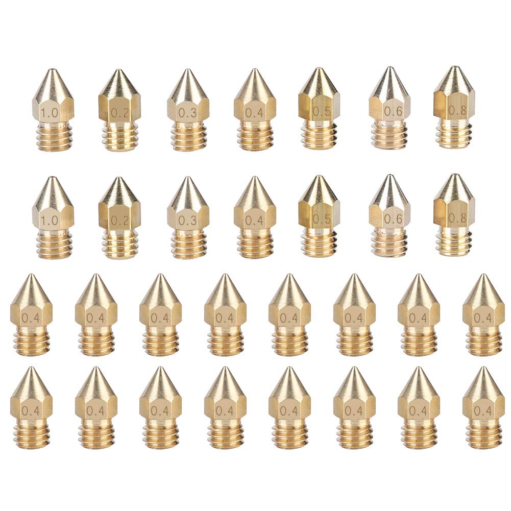 30PCS 3D Printer Nozzles, Brass MK8 Extruder Nozzles 0.2mm, 0.3mm, 0.4mm, 0.5mm, 0.6mm, 0.8mm, 1.0mm for CR-10/ Ender 3/5, Ender 3/ V2 Ender3 Pro