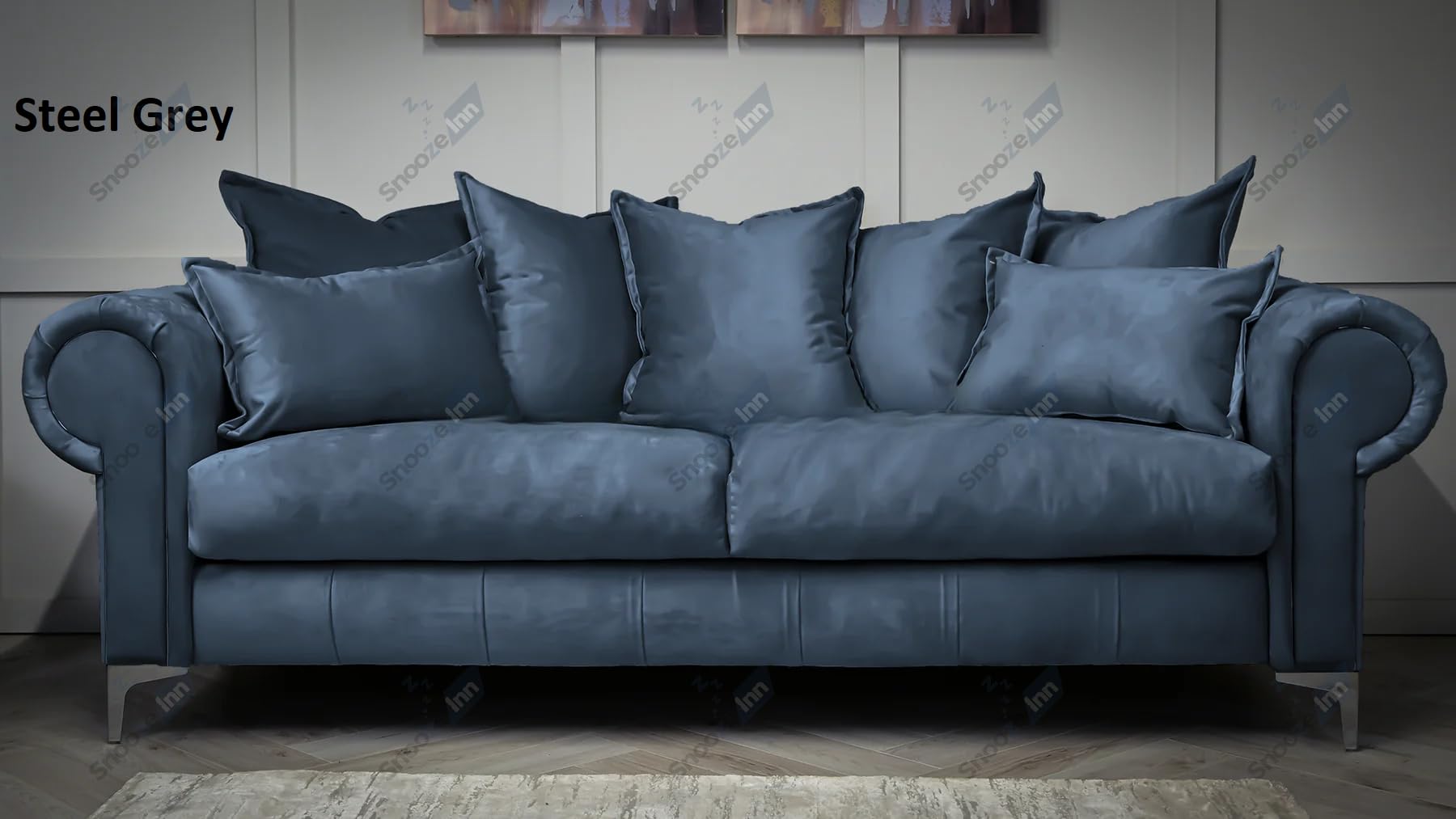 SNOOZE Inn Velvet Imperial Scatter Back 3 and 2 Seater Sofa Sets, Sofas For Living Room, Upholstered Plush Fabric 3 Seater Velvet Sofas (Steel Grey, 2 x Additional Small Scatter Cushions (15"x15"))