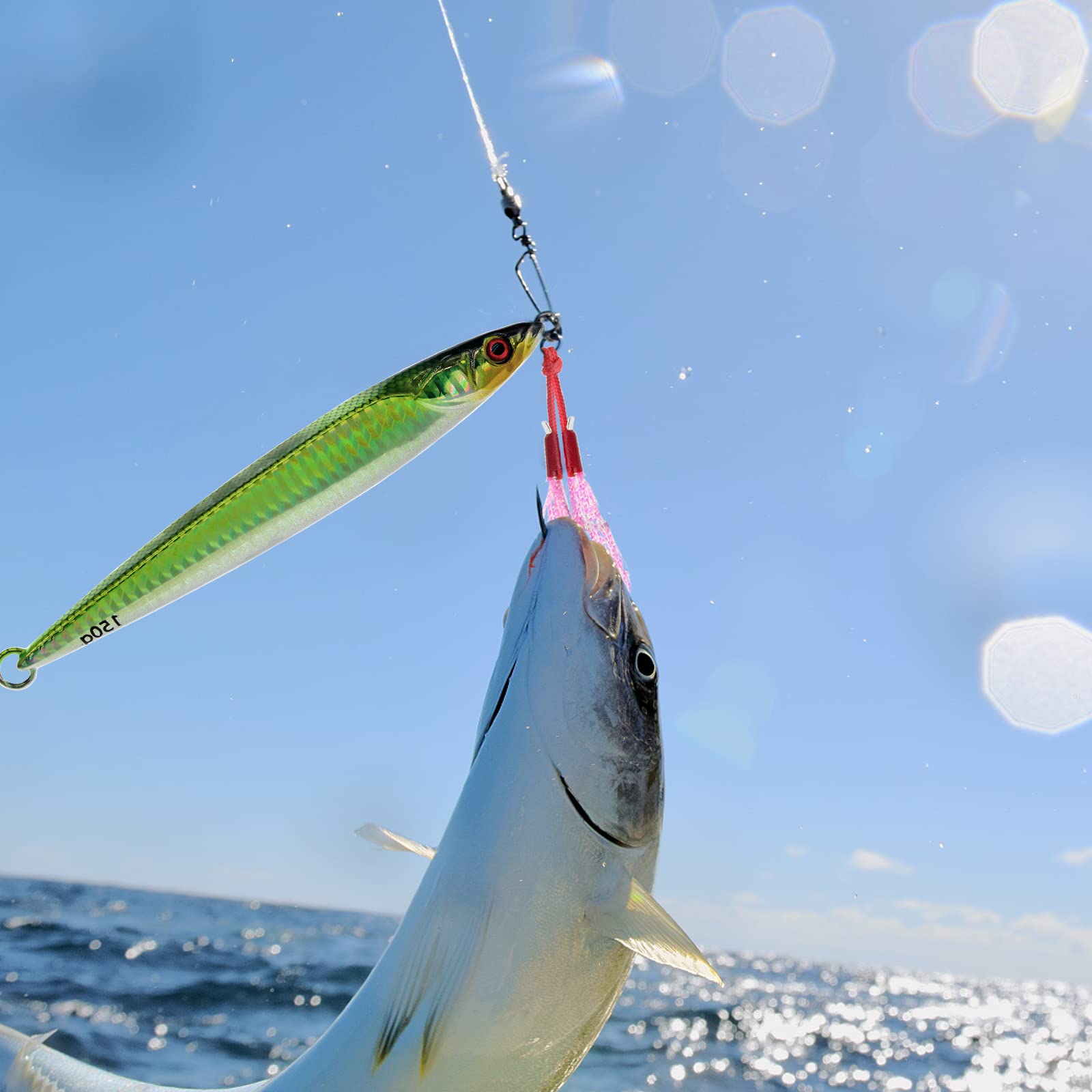 Leurres de pêche verticaux pour Eau salée en métal Rapide en mer Profonde Jiggen Leurres de pêche Lumineux avec Crochets auxiliaires pour Thon, Perche, Dogtooth Grouper, 130