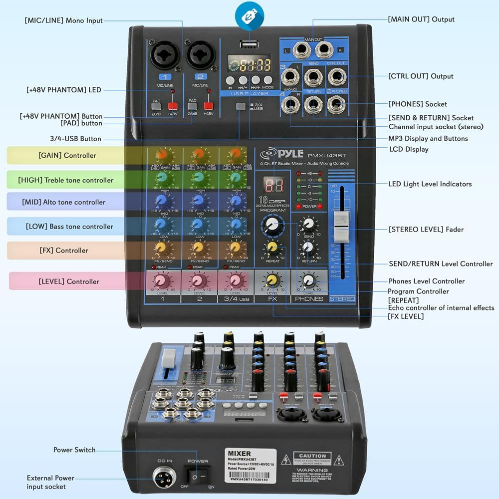 Mezclador de audio profesional con placa de sonido, interfaz de sistema de consola de 4 canales, digital, USB, Bluetooth, MP3, entrada de computadora, 48 V, Phantom Power, estéreo, DJ, Studio