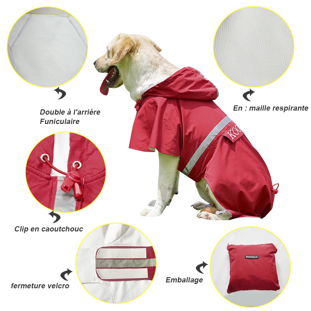 Imperméables pour Chiens avec Capuchon Impermeable Chien, Manteau Chien Imperméable, ultraléger et aéré avec Bandes réfléchissantes pour Chiens Moyens à Grands (Rouge, 4XL)