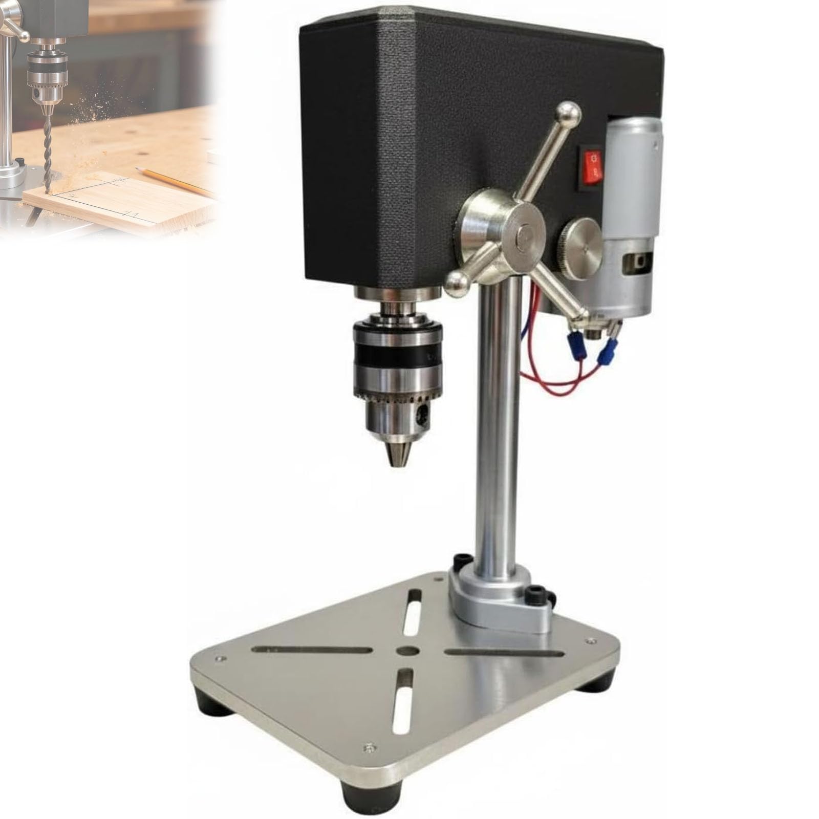Mini wiertarka stołowa 95 W, maks. 5000 obr./min, regulowany uchwyt o pojemności 6 mm, skok wrzeciona 100 mm, stabilna metalowa podstawa z gniazdami montażowymi, do biżuterii, drewna, plastiku