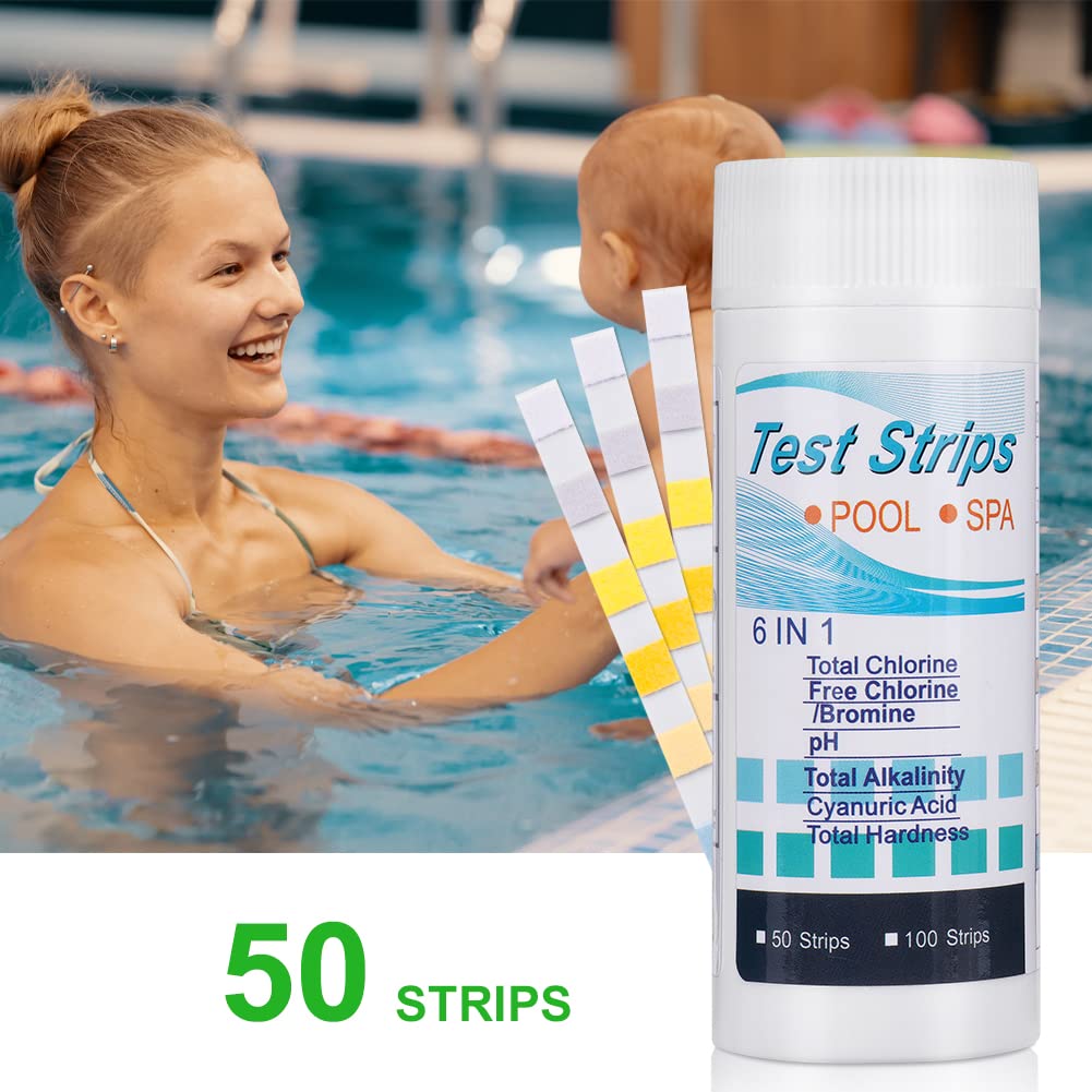 Flintronic Zestaw 50 pasków testowych do kontrolowania jakości wody basenowej 6 w 1, do chloru, bromu, PH, zasadowości całkowitej, twardości, kwasu cyjanurowego, paski do spa i basenu