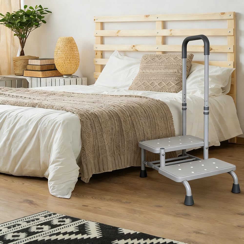 Step Hocker mit Griff und Rutschfester Plattform, Heavy Duty 2 Steps Medical Foot Hocker für Erwachsene, Senioren, Behinderte Haltet bis zu 350 Pfund (Weiß)
