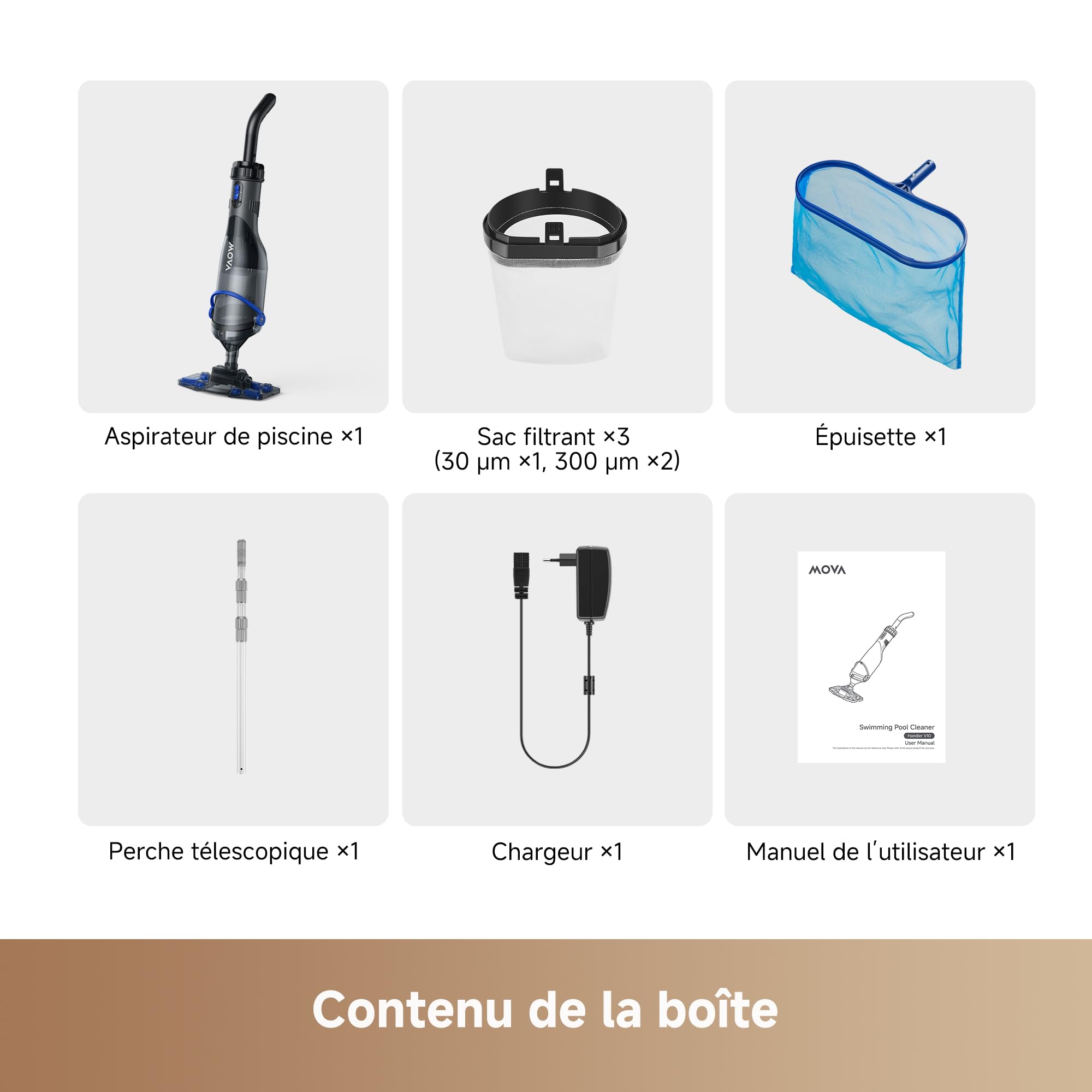 MOVA Handler V10 Aspirateur pour Tous Types de Piscine, Aspiration 4 200 L/h, tête Transparente, autonomie 60 Min, Perche télesc, 1,8 m et épuisette, Double Filtration, sans Fil, IPX8