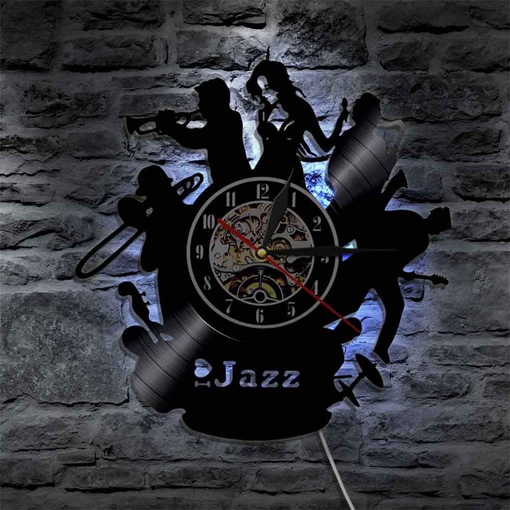 ELD Saksofon jazzowy zespół muzyczny zegar ścienny klasyczna muzyka jazzowa sztuka ścienna dekoracyjna płyta winylowa zegar ścienny miłośnik muzyki jazzowej prezent średnica 30 cm 7 kolorów zmienna