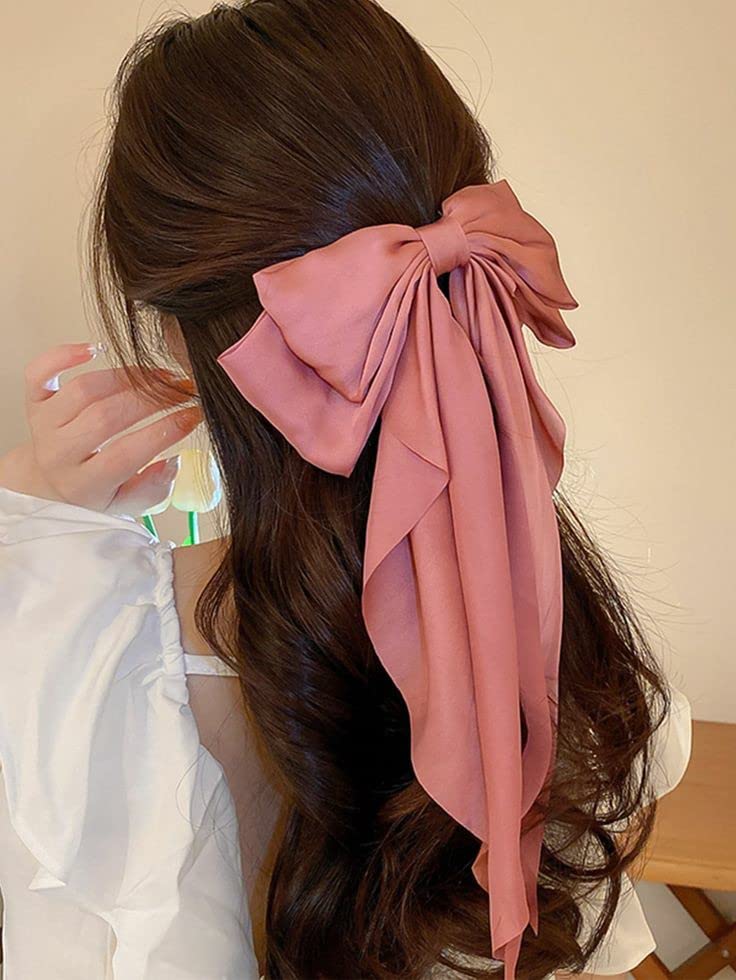 Image of FilterFashion Big Satin Layered Hair Bows for Women Girls 11.5 Inch Barrette Hair Clip Long Back Ribbon Bows French Style Hair Accessories (Onion Pink)