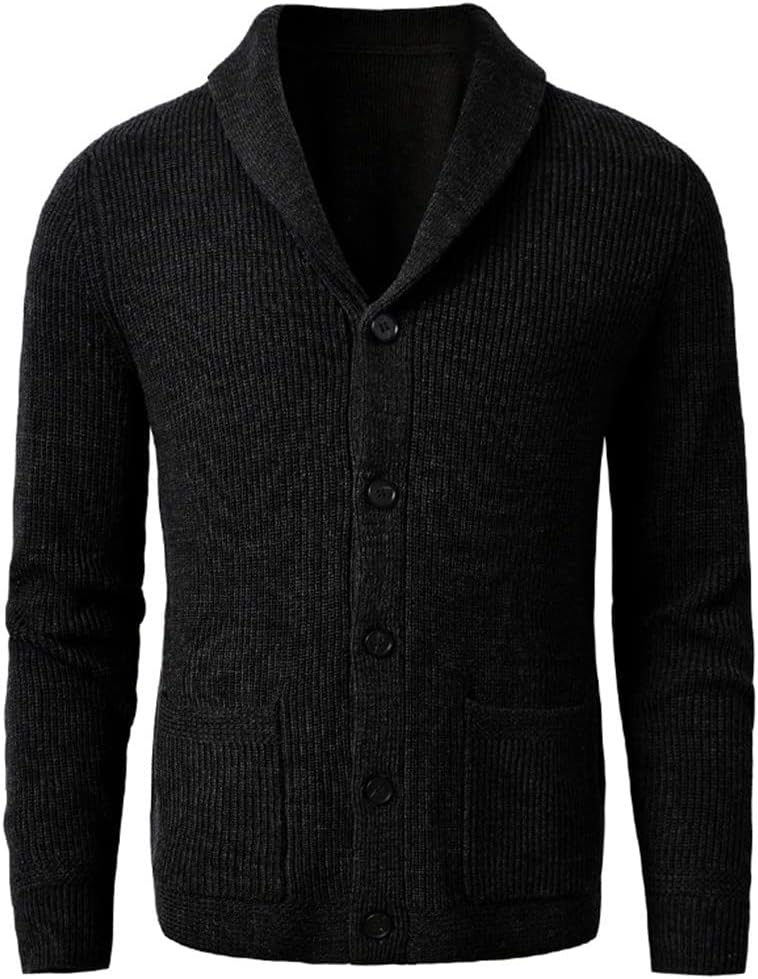 KEHAIOO Men's Shawl Collar Cardigan Sweater Slim Fit Knit Button Black Merino Wool Sweater