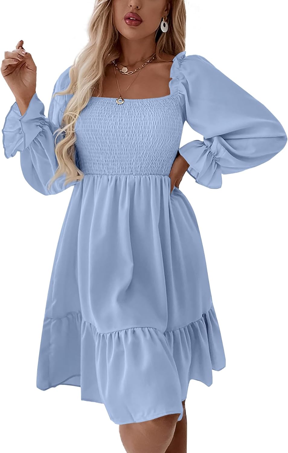 LYANER Women's Square Neck Lantern Long Sleeve Ruffle Shirred Flowy Party Mini Dress - Image 5