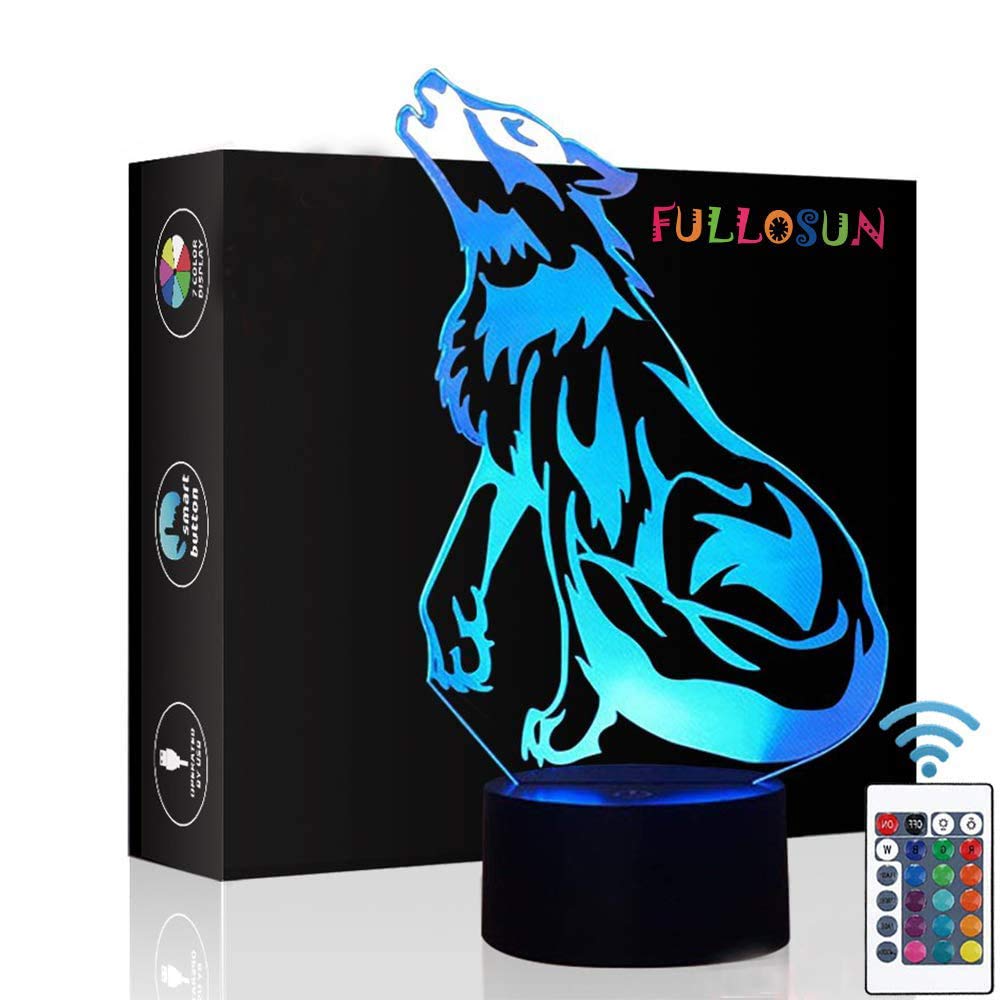 Wolf Gifts, 3D Night Light for Kids Optical Illusion Lamp, Remote with 16 Color Changing Bedroom Gifts for Kids, Boys & Men