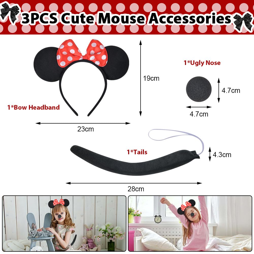 ACWOO Ragazza Minnie Pois Abito da Principessa Costumes, 4 Pezzi LED Luminoso Costume da Principessa con Naso, Fascia per Orecchie, Coda, Vestito Minnie Bambina per Carnevali, Halloween, Natale