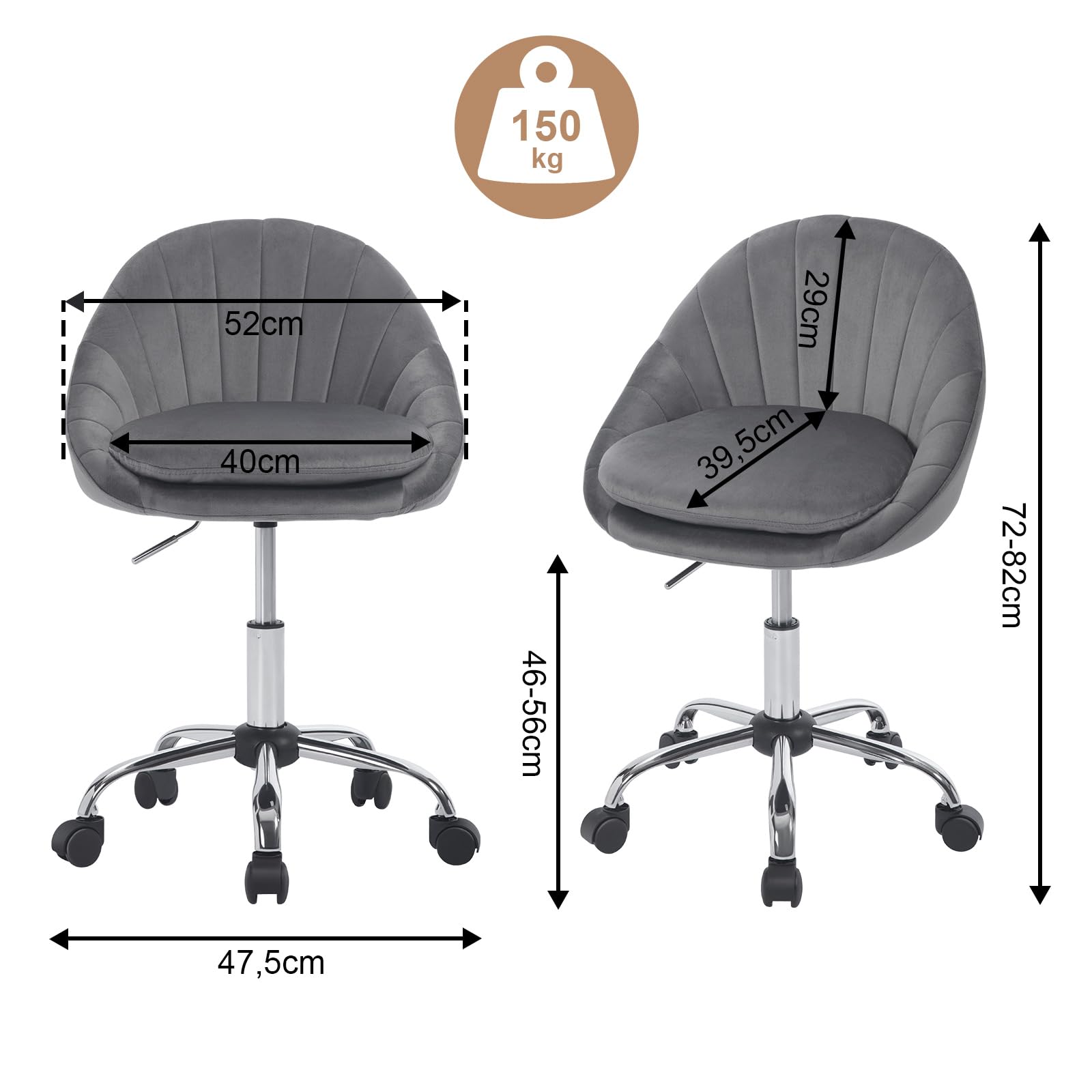WOLTU Sedia da Scrivania per Casa, Sedia Trucco, Velluto, Grigio Scuro | Regolabile in Altezza con Rotelle, Girevole Ergonomica, Ufficio, Camera da Letto, Studio
