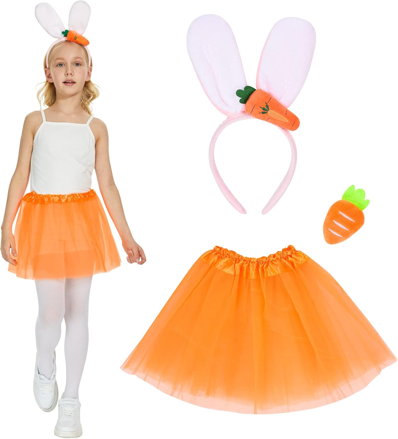 Hereneer Disfraz Conejo de Pascua, 3 Pcs Conjunto de Tutú Niña Conejo con Diadema Orejas de Conejo, Zanahoria Juguetes de Peluche Fiesta Cumpleaños Navidad Carnaval Cosplay Disfraces Animales