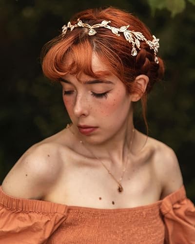 Miniatura 2 de SWEETV Diadema de hojas con diamantes de imitación para novias, Tiara de cristal con colgante de hada para boda, graduación, cumpleaños