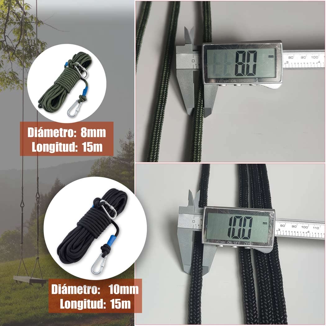 Cuerda de Nylon Trenzado 60M,Cuerda de Alta Resistencia 10mm,15M-Paquete de 4,con Mosquetones(Negro)