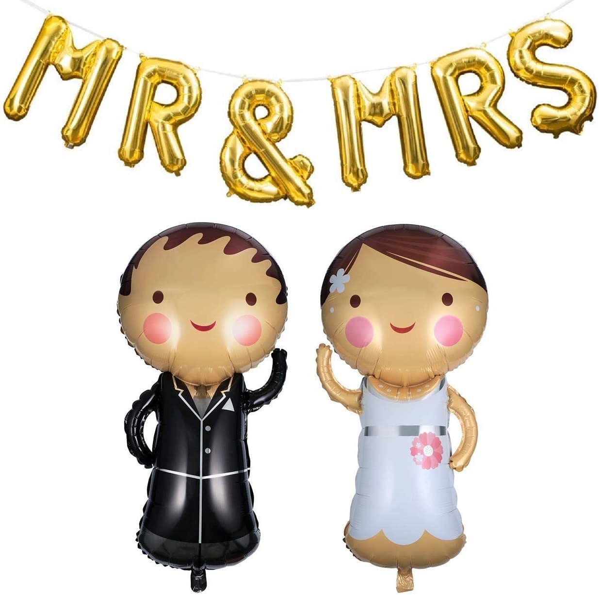 Gold MR & MRS Banner with Bride & Groom Character Balloons – Elegant Foil Balloon Decor For Engagement Decoration, Bride To Be Props, Anniversary Celebrations, Couple's Themed Parties