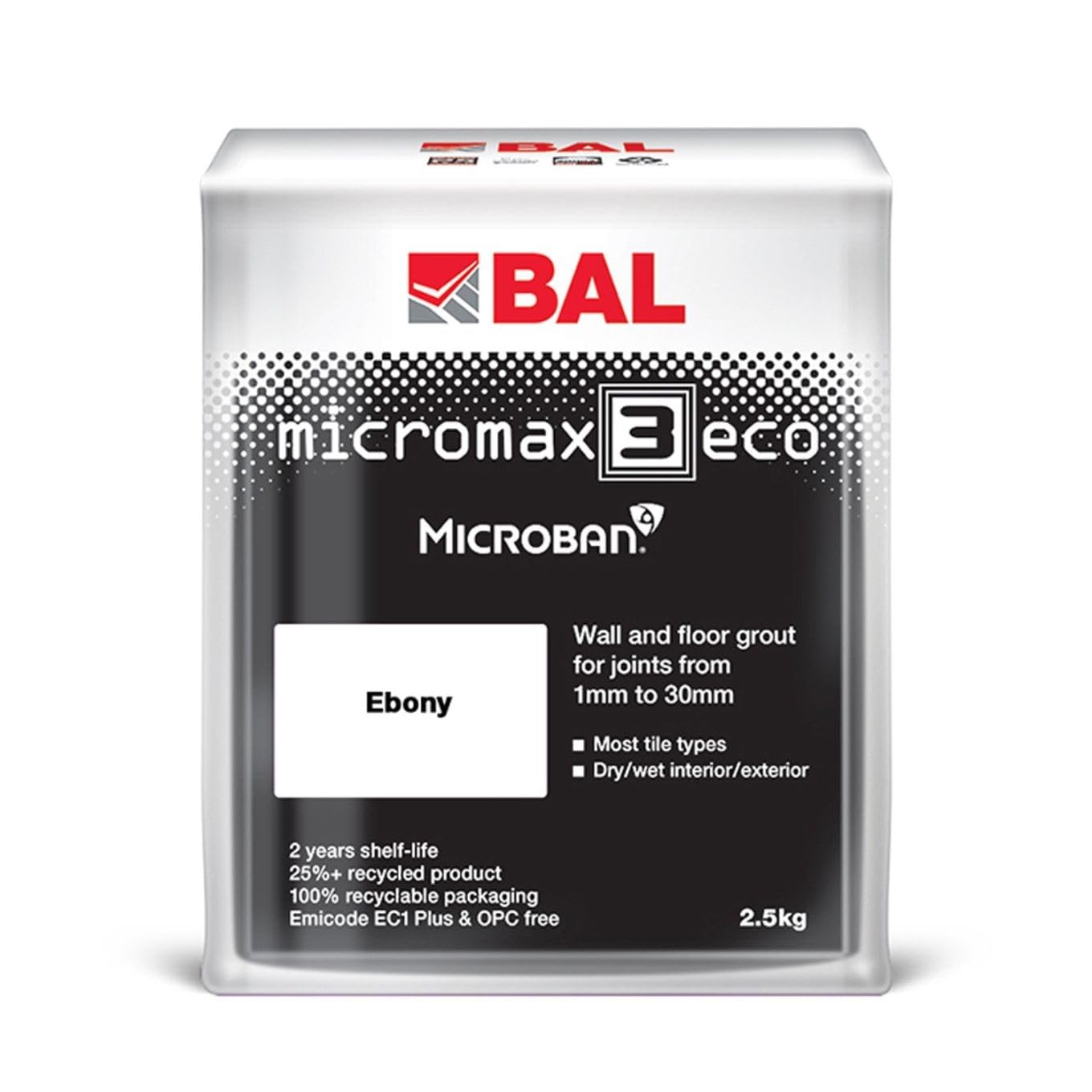 Bal Micromax3 Eco Grout Wall & Floor Grout, Rapid Set, Antimicrobial, Suitable For Interior & Exterior 2.5KG Bag - Ebony