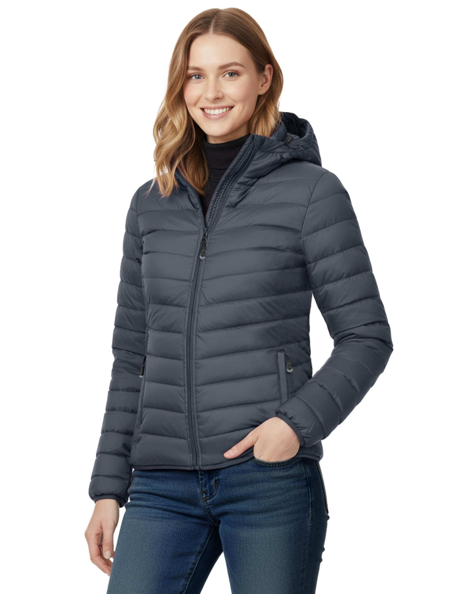 33,000ft Damen Leichte Steppjacke Packbare Übergangsjacke mit Kapuze für Frauen Gefüttert Warme Pufferjacke für Outdoor, Freizeit und Wandern Stein Grau L