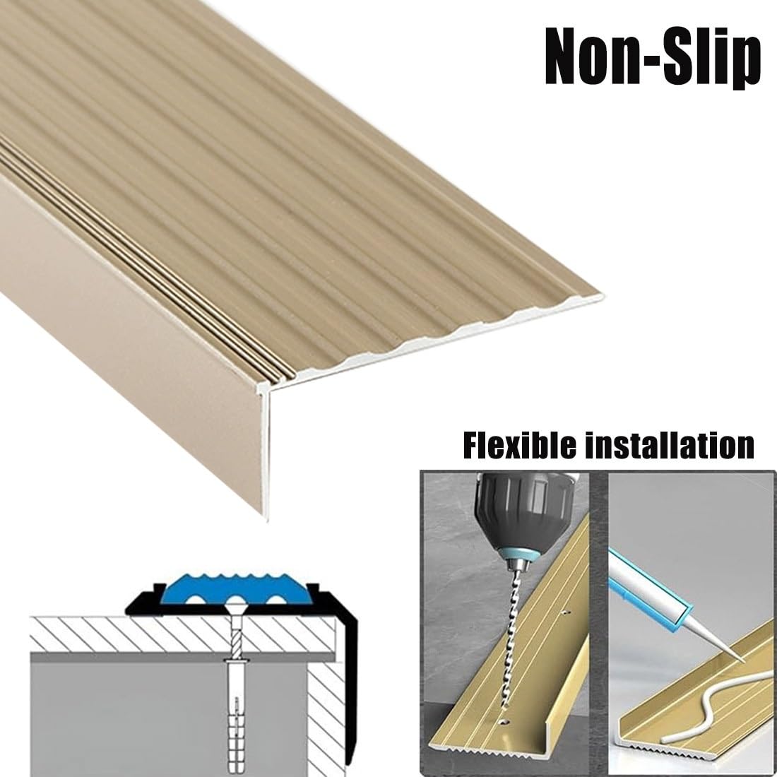 130cm Perfil de Borde de Escalera de Aluminio en Forma de L, Antideslizante Protector de Nariz de Escalera 150 cm, Impermeable Moldura de Borde de Escalón(Beige,110cm/43in)