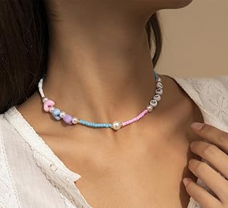 WEITING Cadena de cuello geométrica hecha a mano con cuentas de estilo nacional, cadena de clavícula, cadena de perlas naturales, letra dulce niña sonriente, collar de color acrílico-HF501