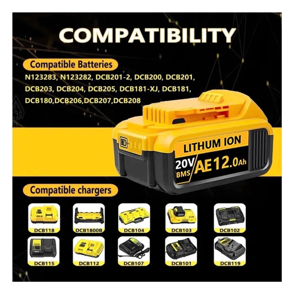 Kompatybilny z DeWalt 18 V/20 V MAX DCB200 wymiana baterii litowej 18 V DCB203 DCB184 DCB182 180 DCB181 DCB182 DCB201 DCB206 ładowarka(1PCS US charger)
