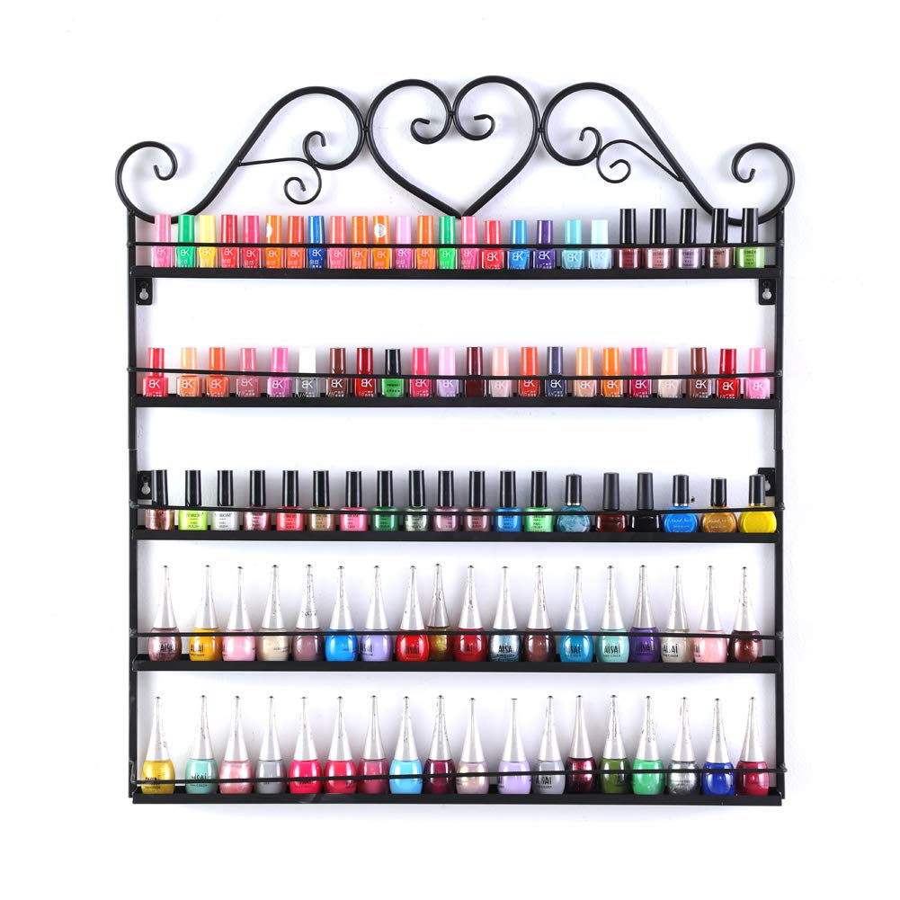 Meisax Women's Black 5 Tier Metal Nail Polish Stand Cosmetic Organiser 5 Shelves Wall Shelf Lipstick Stand Storage Nail Polish Organiser Display Shelf (Black)