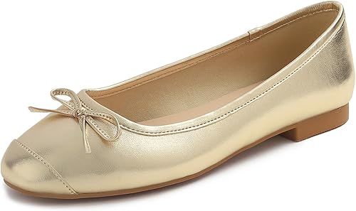 FEVERSOLE Women's Square Toe Fashion Bow Tie Dress Slip On Ballet Flats Gold Veg