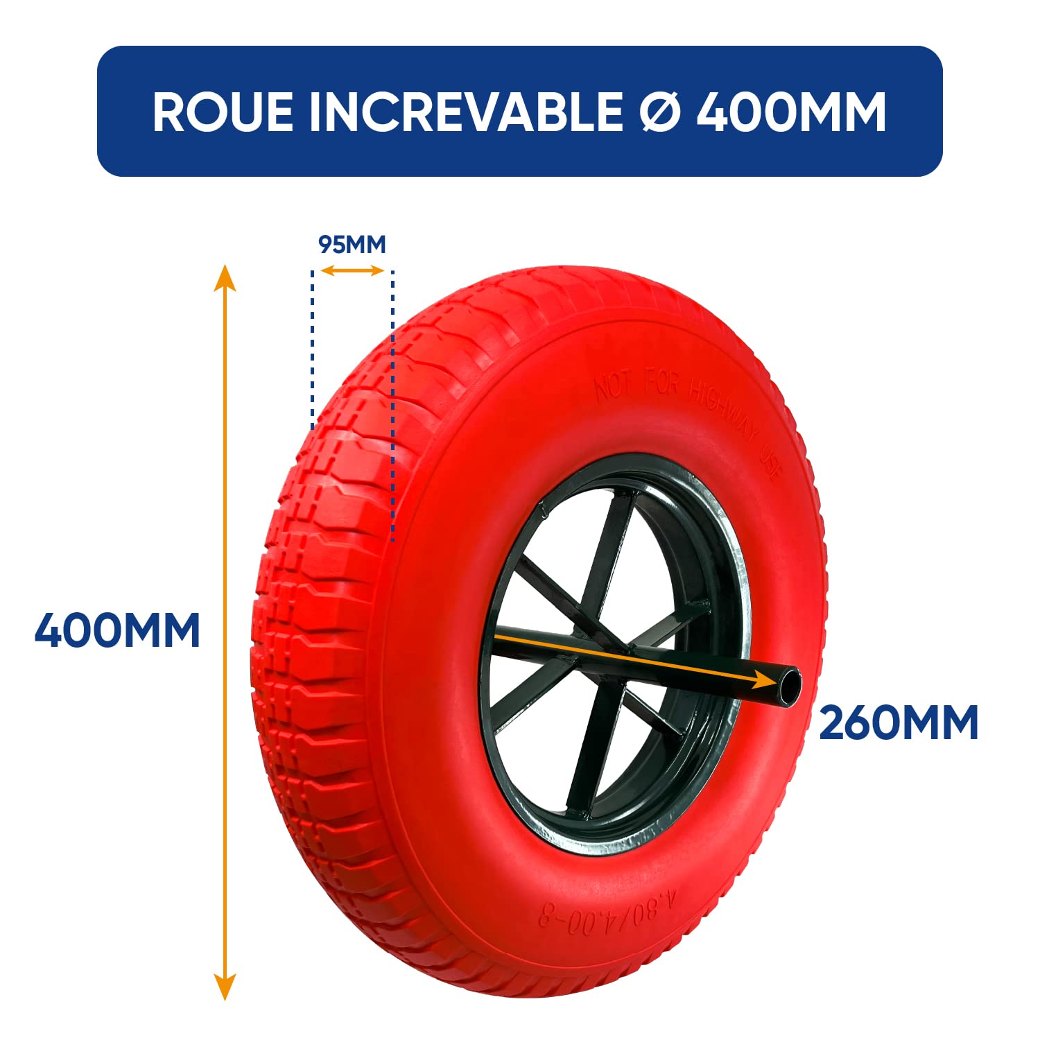 Ruota Increbile, Diametro 400 mm, Asse 20 mm, Carico max. 250 kg (550 libbre), ultra resistente, ideale per carriola (ROSSO)